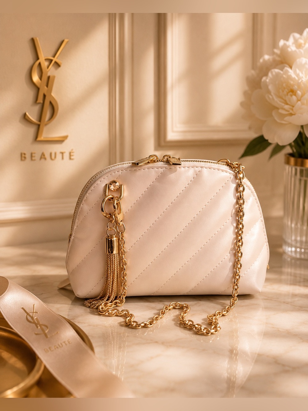 Elegant Quilted cosmetic pouch with gold chain - Cream GWP!!